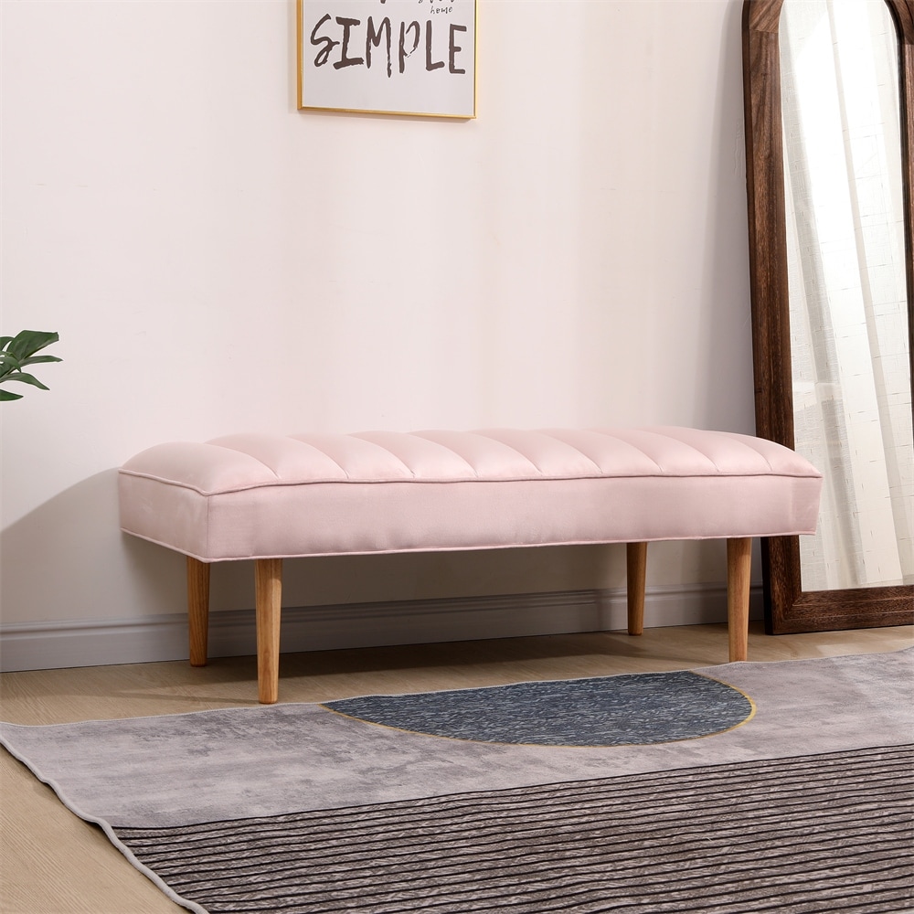 Velvet Upholstered Bench Channel Tufted Bedroom Ottoman/Wood Legs