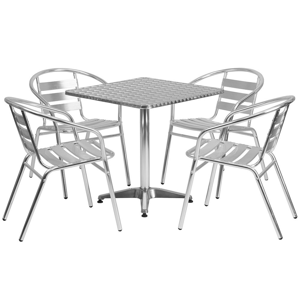 Emma and Oliver 27.5 Square Aluminum Table Set with 4 Slat Back Chairs