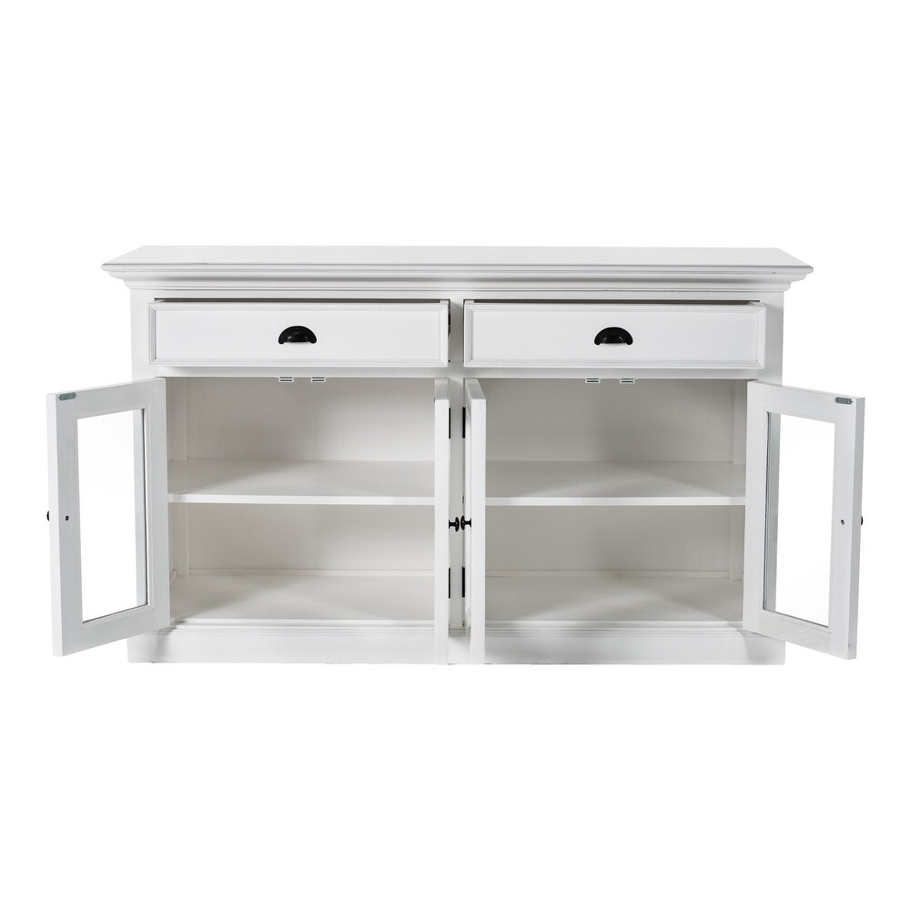 NovaSolo Halifax Coastal White Classic Buffet with Glass Doors  Solid Mahogany Frame  57.09 x 19.69 x 33.46