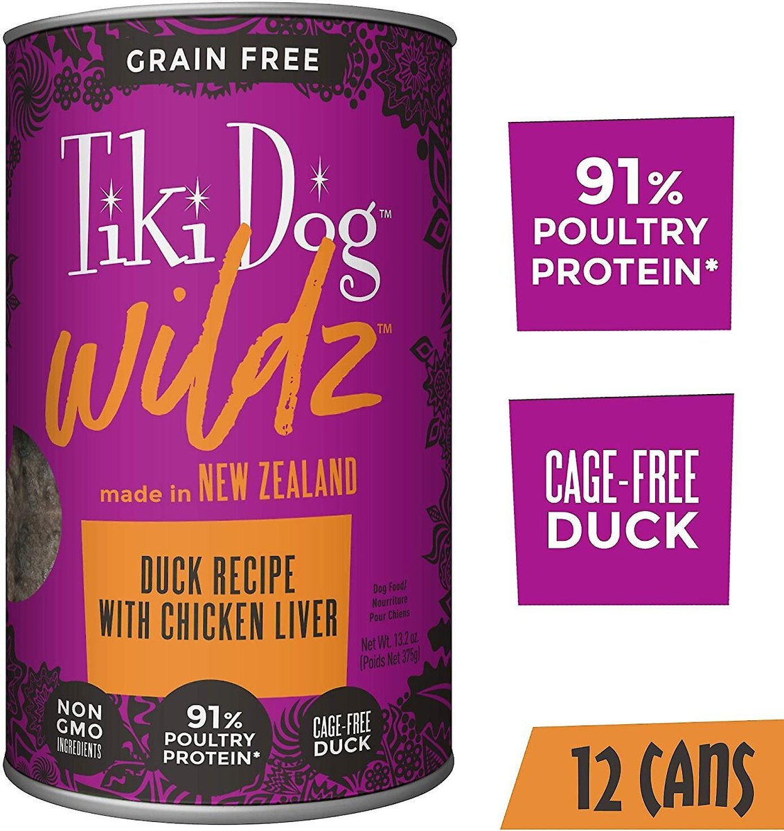 Tiki Dog Wildz Duck Recipe with Chicken Liver Grain-Free Wet Dog Food， 13.2-oz can， case of 12