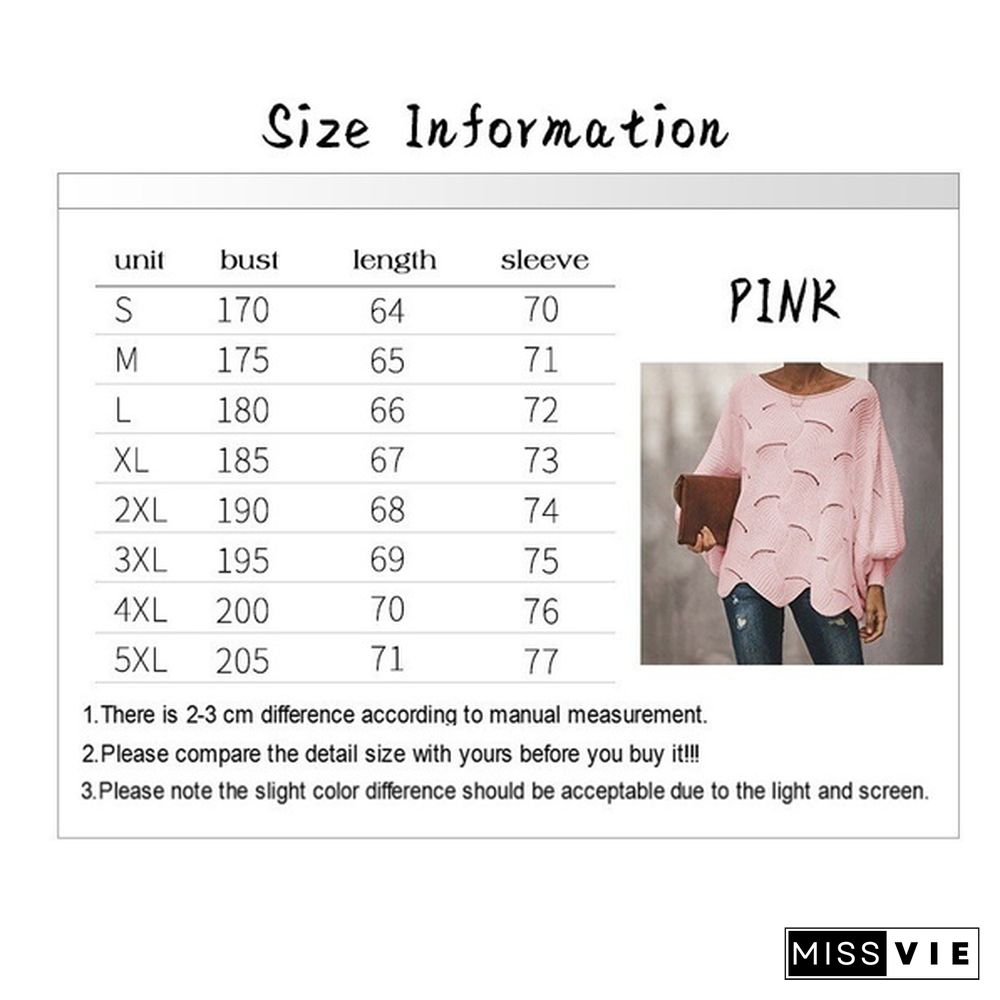 Women's Bat Sleeve Sweaters Casual Hollow Out Loose Sweater Pure Color Autumn Spring Tops Plus Size S-5XL