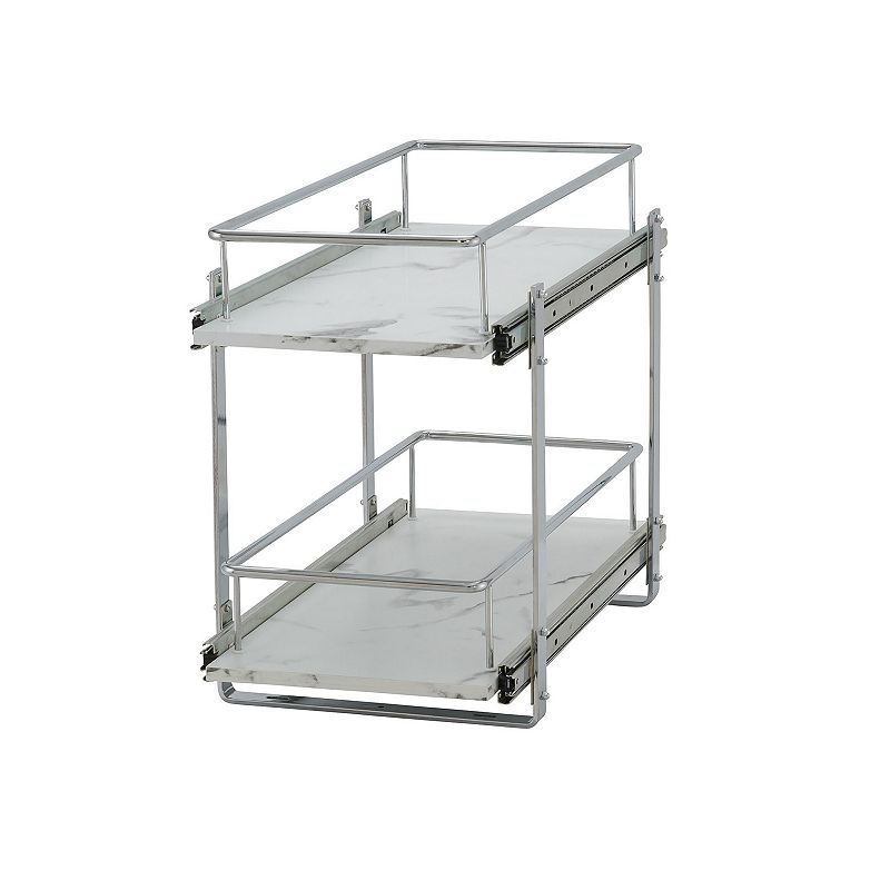 Household Essentials 11.5-Inch 2-Tier Cabinet Sliding Organizer， Extended Length， Chrome and Faux Marble