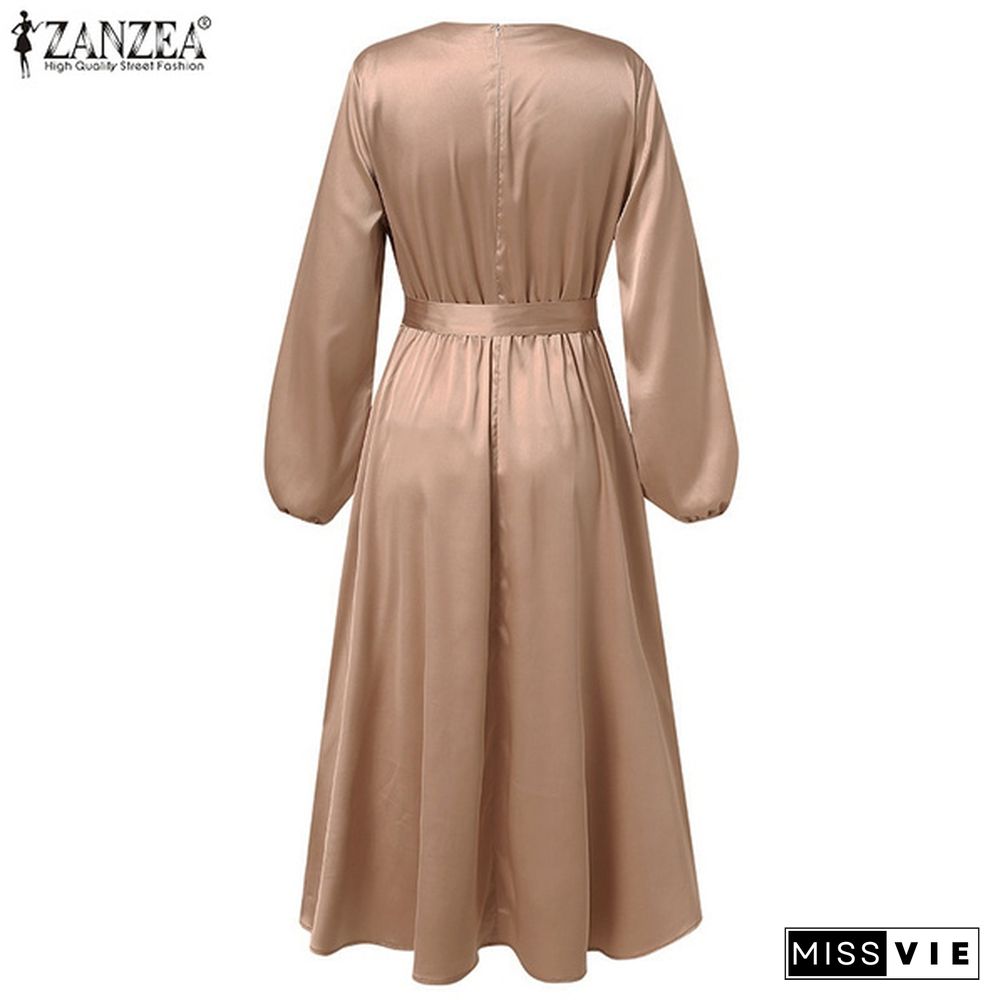 ZANZEA Women Ladies Puff Sleeve Elegant Dress Satin Oversize Holiday Crew Neck Plain Party Dress