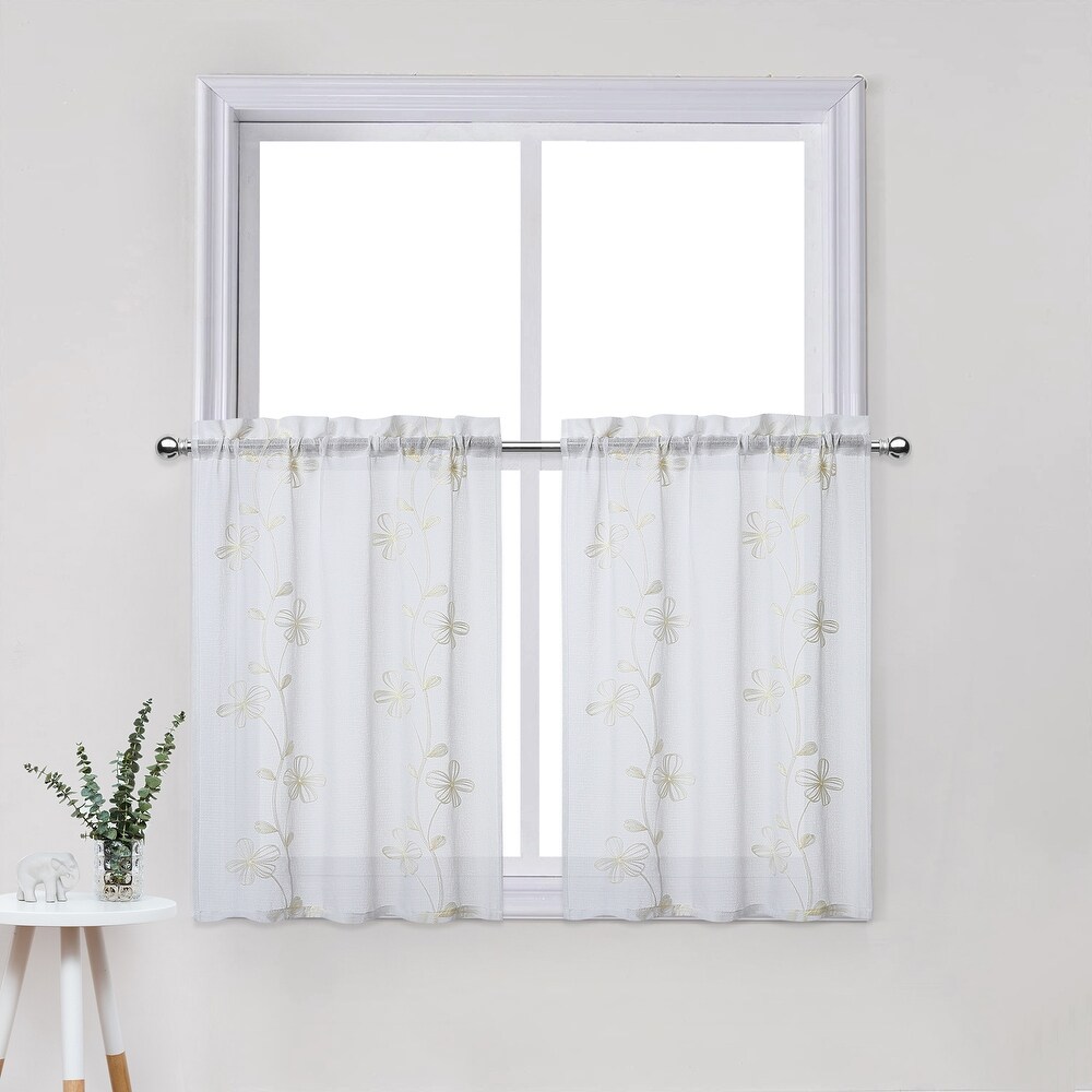 Sheer Kitchen Tier Curtains  Floral Embroidered Semi Sheer Short Curtain