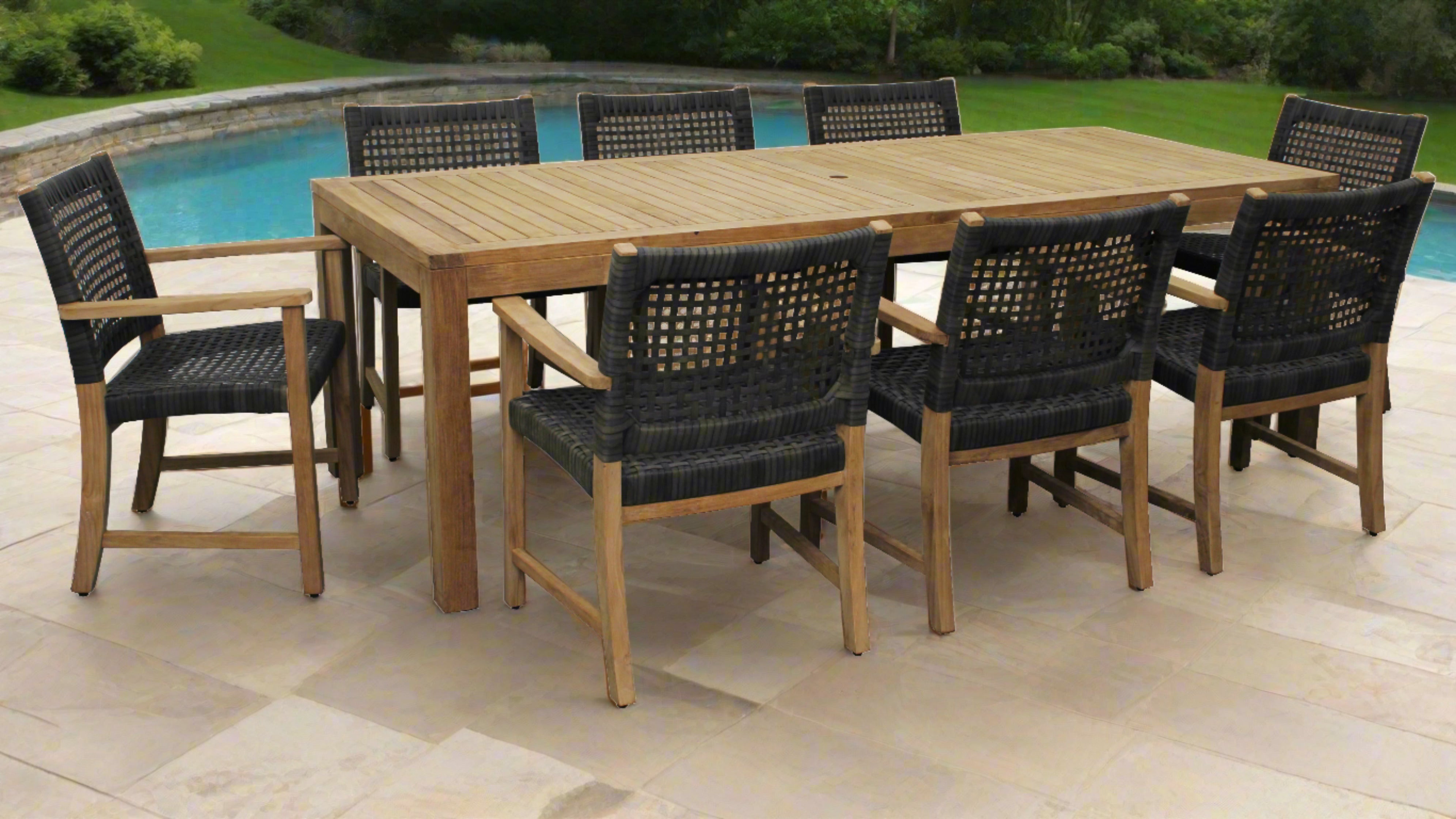 Rinjani Teak 9pc Outdoor Dining Set (Teak 94 Rectangular Table with 8 Sanur Woven Armchairs)