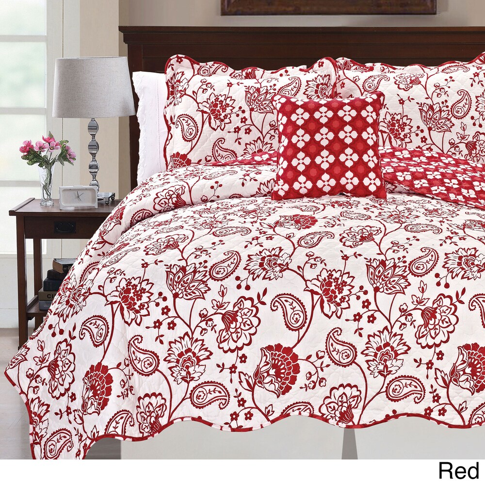 Printed Paisley Flower 4 piece Reversible Quilted Coverlet Set