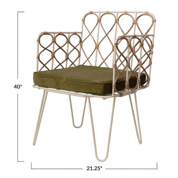 Metal and Rattan Chair with Olive Velvet Cushion