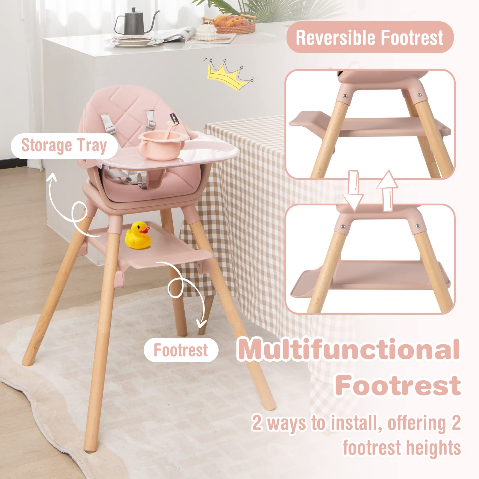 BABY JOY Baby High Chair, 6 in 1 Convertible Wooden High Chair for Babies & Toddlers with Adjustable Legs