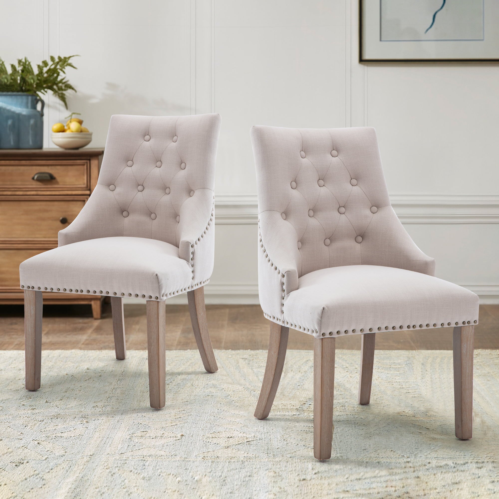 Classic Button-tufted Dining Chair Beige Fabric Leisure Padded Ring Chair， Nailed Trim， Set of 2