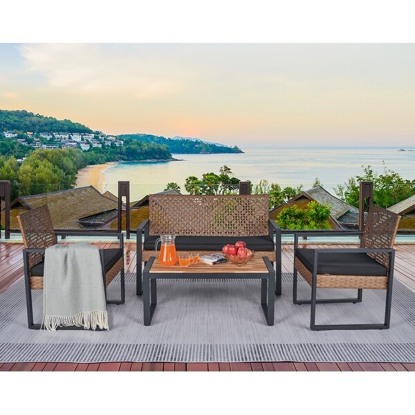 4Piece Acacia Wood Table Top Patio Furniture Conversation Set for Balcony Porch Garden Backyard Lawn