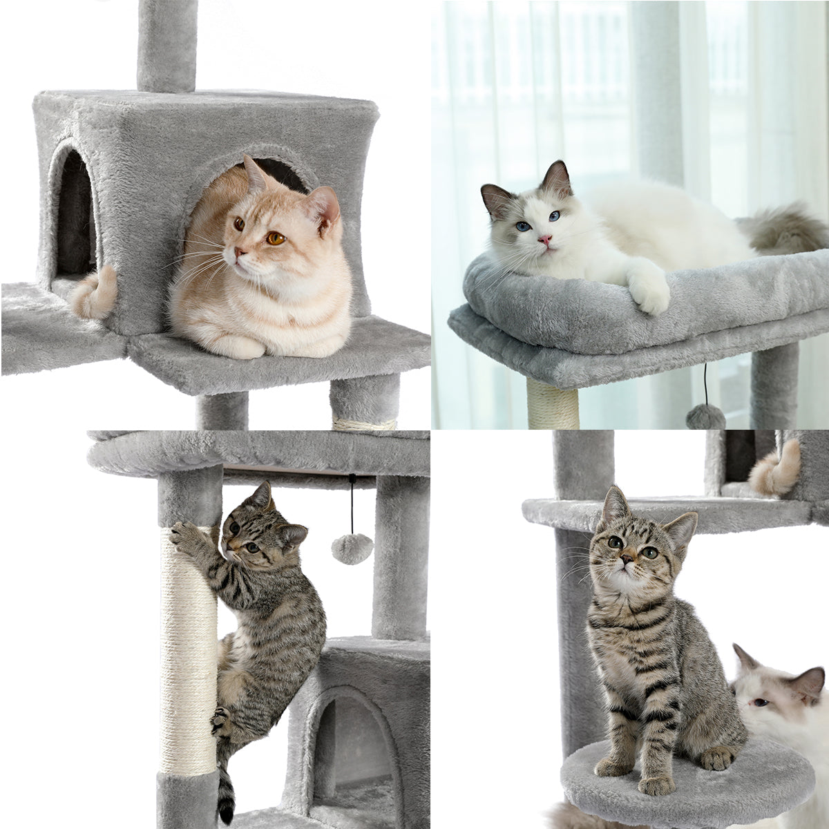 HDJ 56 Inch Cat Tree,Cat Tower with Sisal Scratching Post, Cozy Condo, Top Perch, Hammock and Dangling Ball,Gray