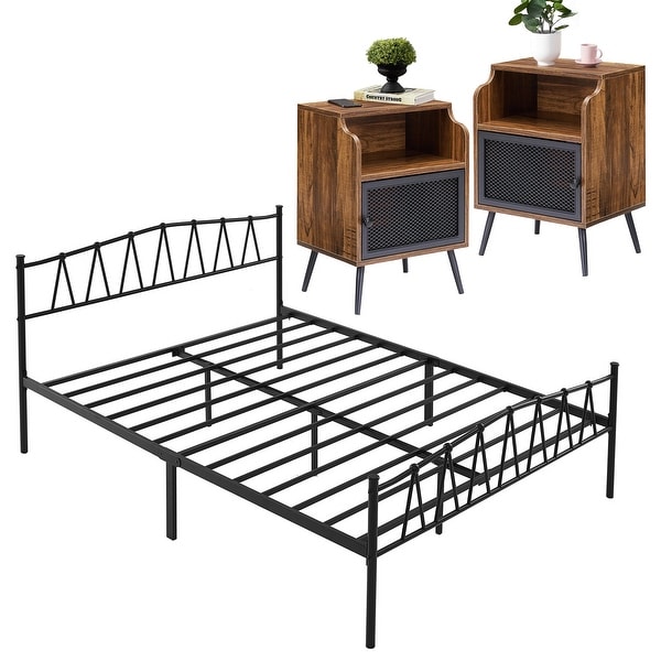 Industrial 3 Piece Bedroom Set Black Platform Bed Frame and Modern Brown Nightstands Set of 2 - - 36529080