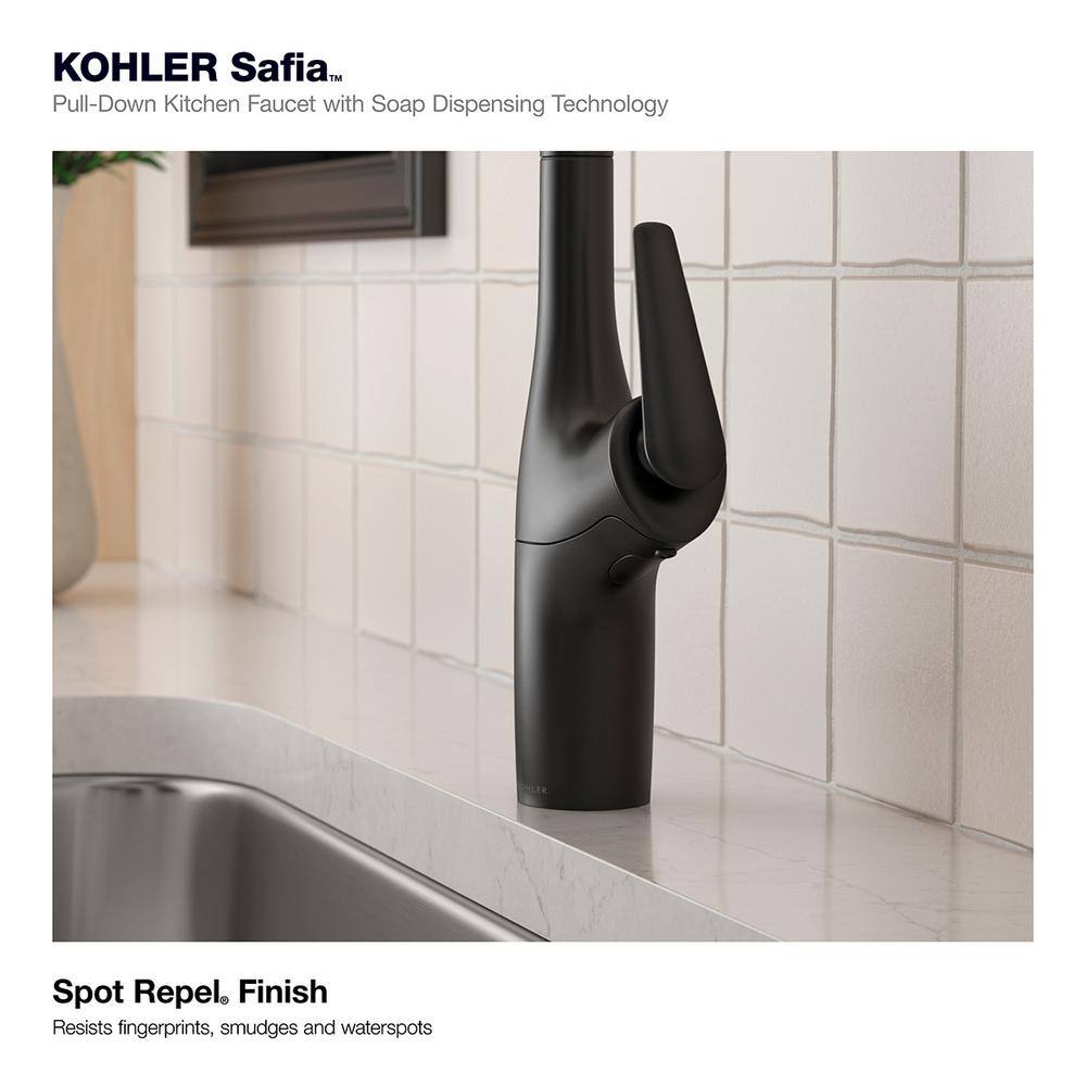 KOHLER Safia 1-Handle Pull Down Sprayer Kitchen Faucet with Integrated Soap Dispenser in Matte Black K-R24298-BL