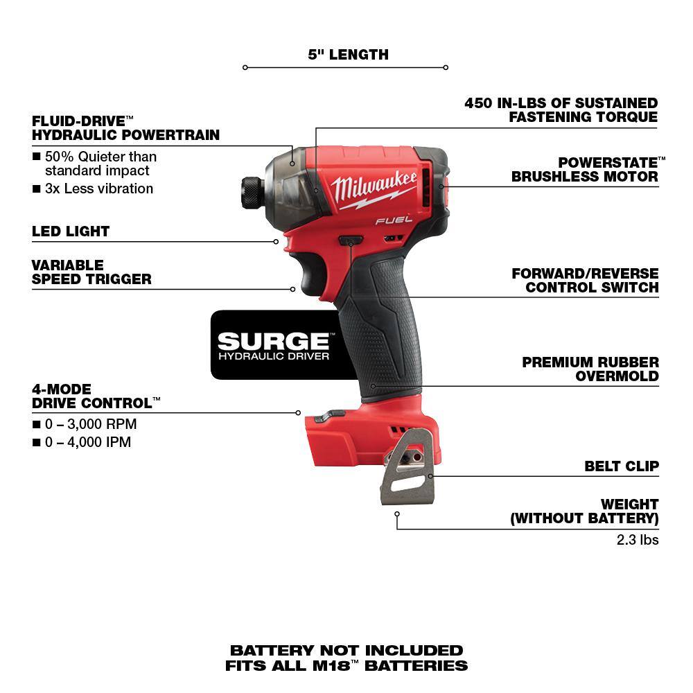 MW M18 FUEL SURGE 18V Lithium-Ion Brushless Cordless 14 in. Hex Impact Driver w2.0ah Battery 2760-20-48-11-1820