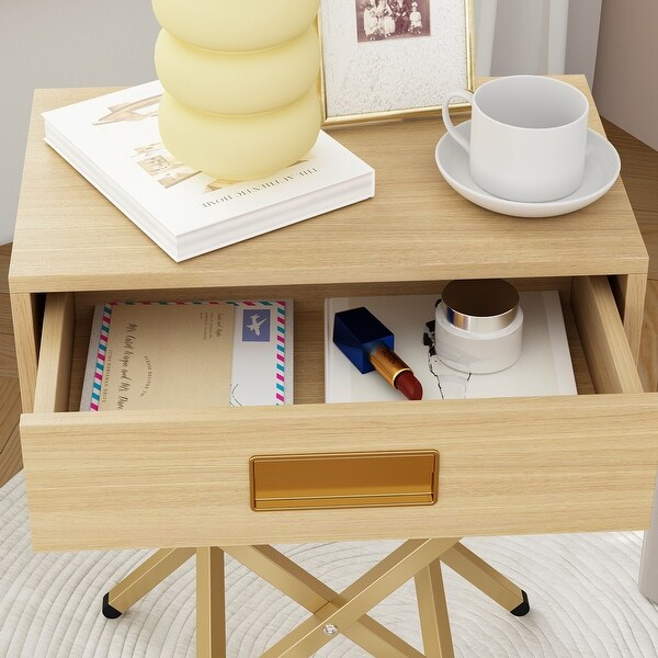 Contemporary Yellow Wood Side Table with Drawer and Wooden XLegs