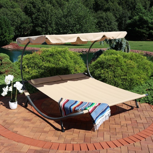 Sunnydaze Outdoor Double Chaise Lounge Bed With Canopy Shade And Headrest Pillows Beige