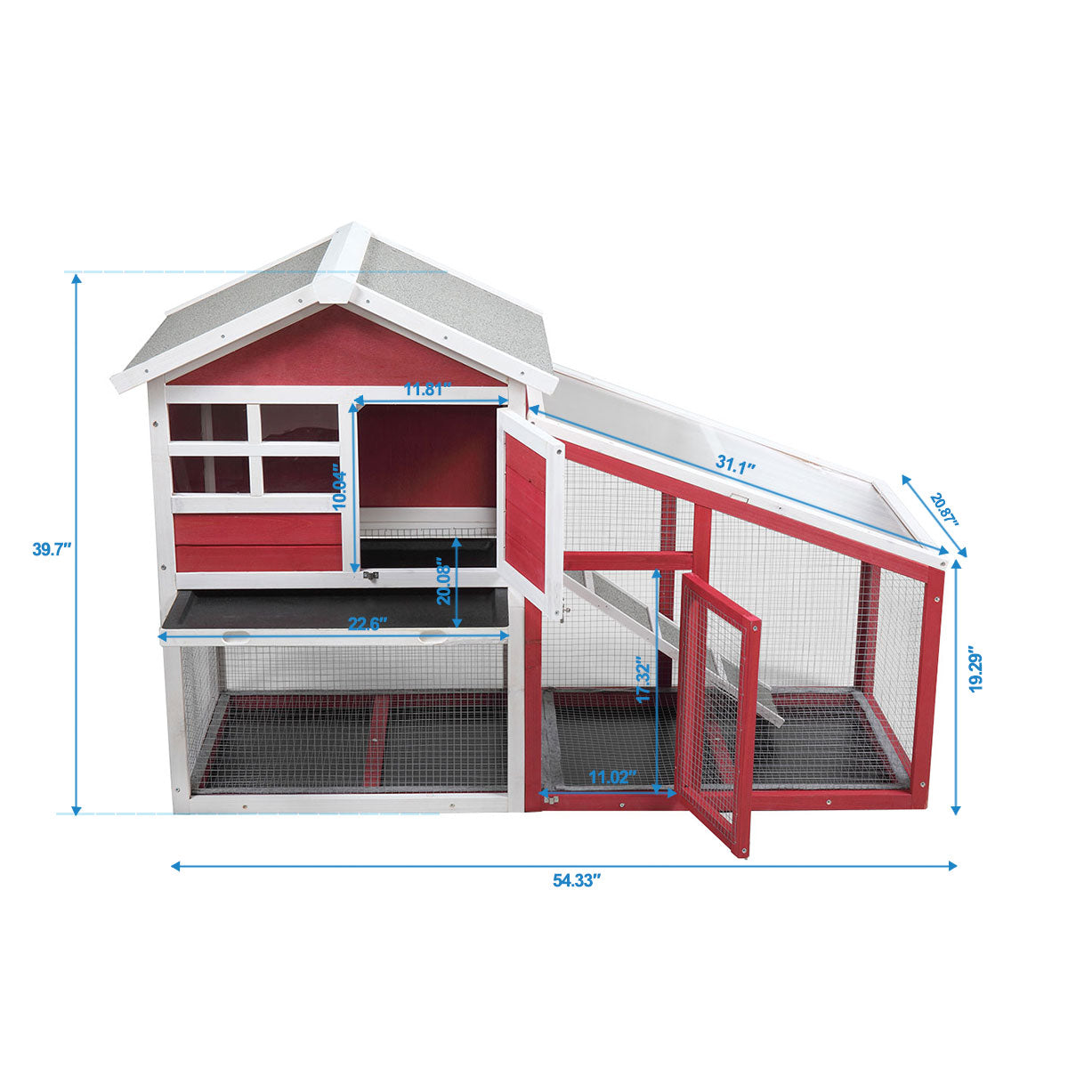 MOCA Large Rabbit Hutch with Sunshine Collection Board Wooden Rabbit Cage with Ventilation Door and Removable Tray， Red+White