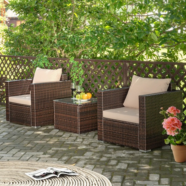 Costway 3pcs Patio Rattan Outdoor Furniture Set W Cushioned Sofa Coffee Table