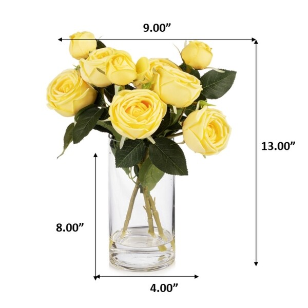 Enova Home Artificial Silk Rose Flowers in Clear Glass Vase with Faux Water for Home Office Wedding Decoration