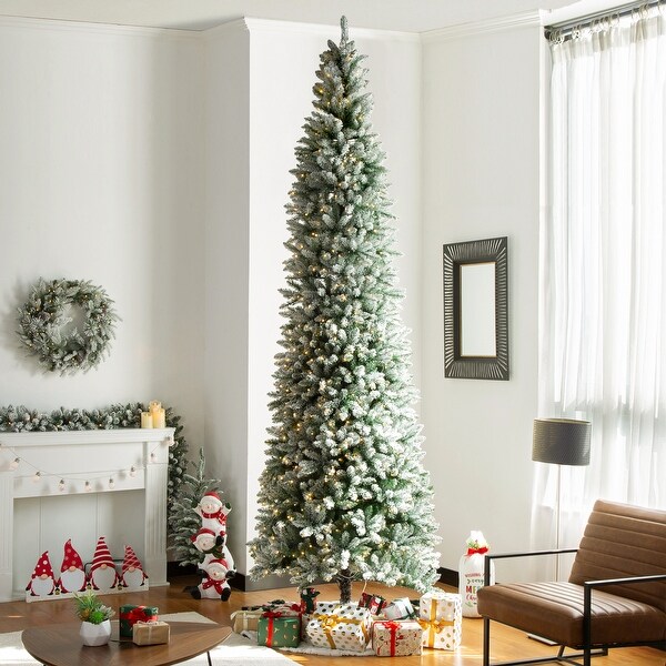 Glitzhome 11ft PreLit Flocked Pencil Fir Artificial Christmas Tree with 950 Warm White Lights