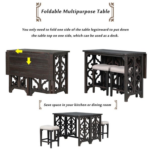 Design 3-piece Vintage Restaurant set Solid wood counter height Bar set foldable dining table with 2 saddle stools