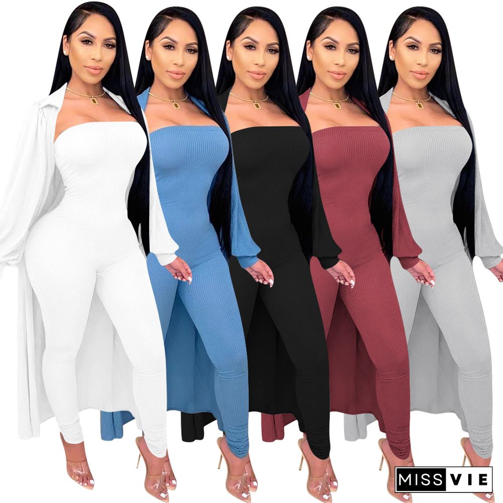 Solid Color Bodycon Strapless Jumpsuit+Long Coat Set