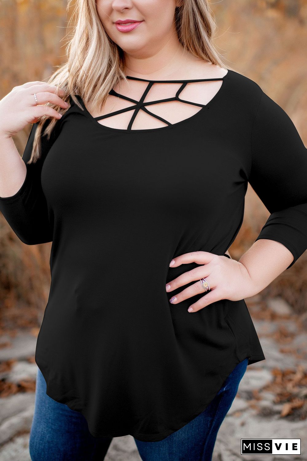 Black 3/4 Sleeve Cut out Neckline Plus Size Top