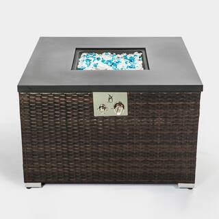 Mondawe Outdoor Square Wicker Gas Fire Pit Table Propane Fire Table in Dark Brown with Glass Rocks MA-ASH53642