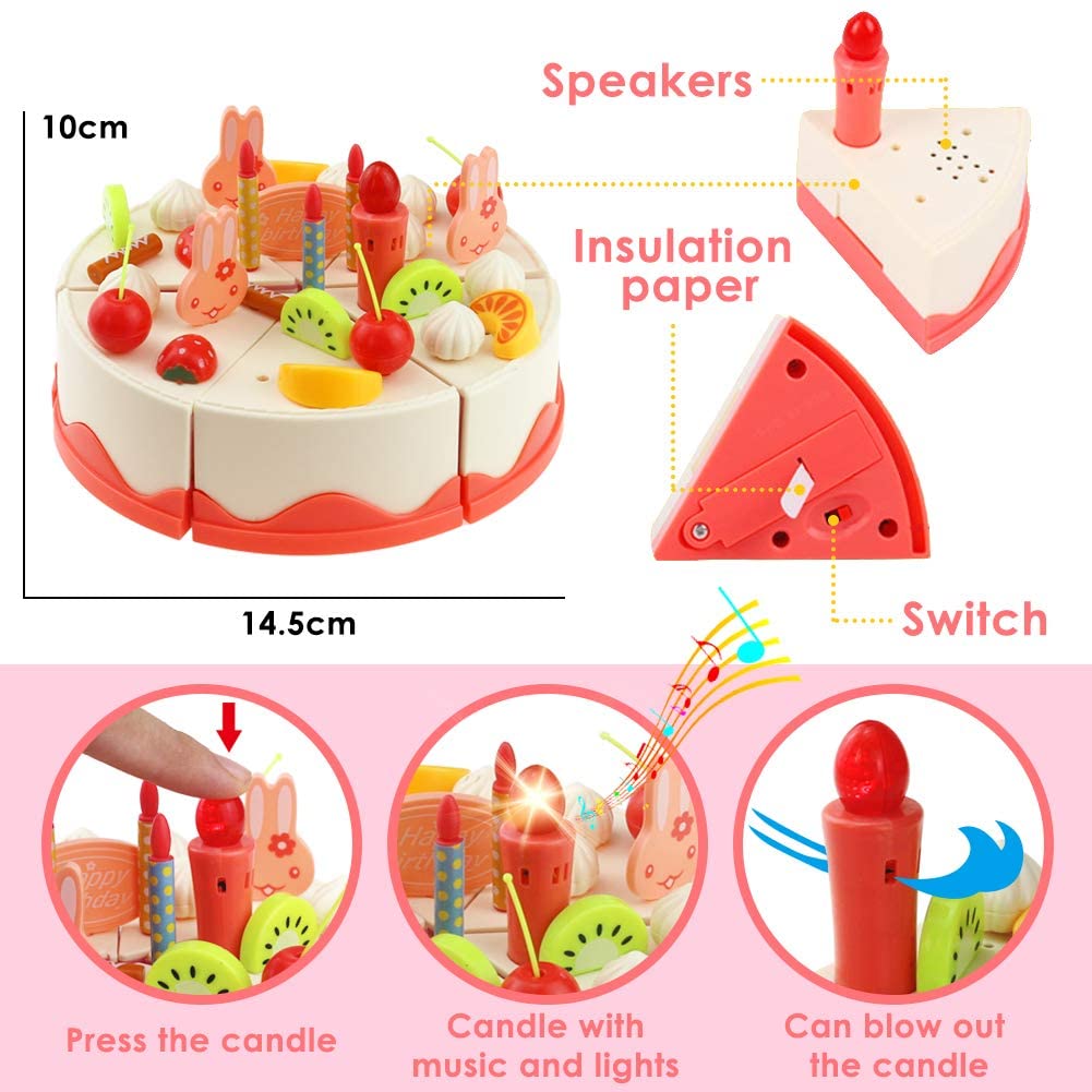 Mundo Toys Cutting DIY Pretend Play Birthday Cake Dessert Food Set Toy Multicolor with Candles， 82 Pieces