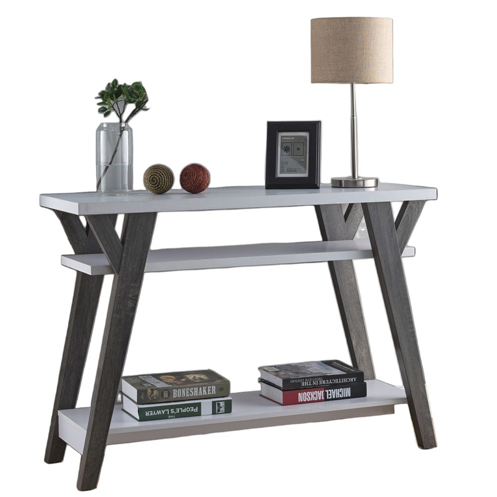 FC Design White and Distressed Grey Console Table with 3 Shelves for Display and Decoration