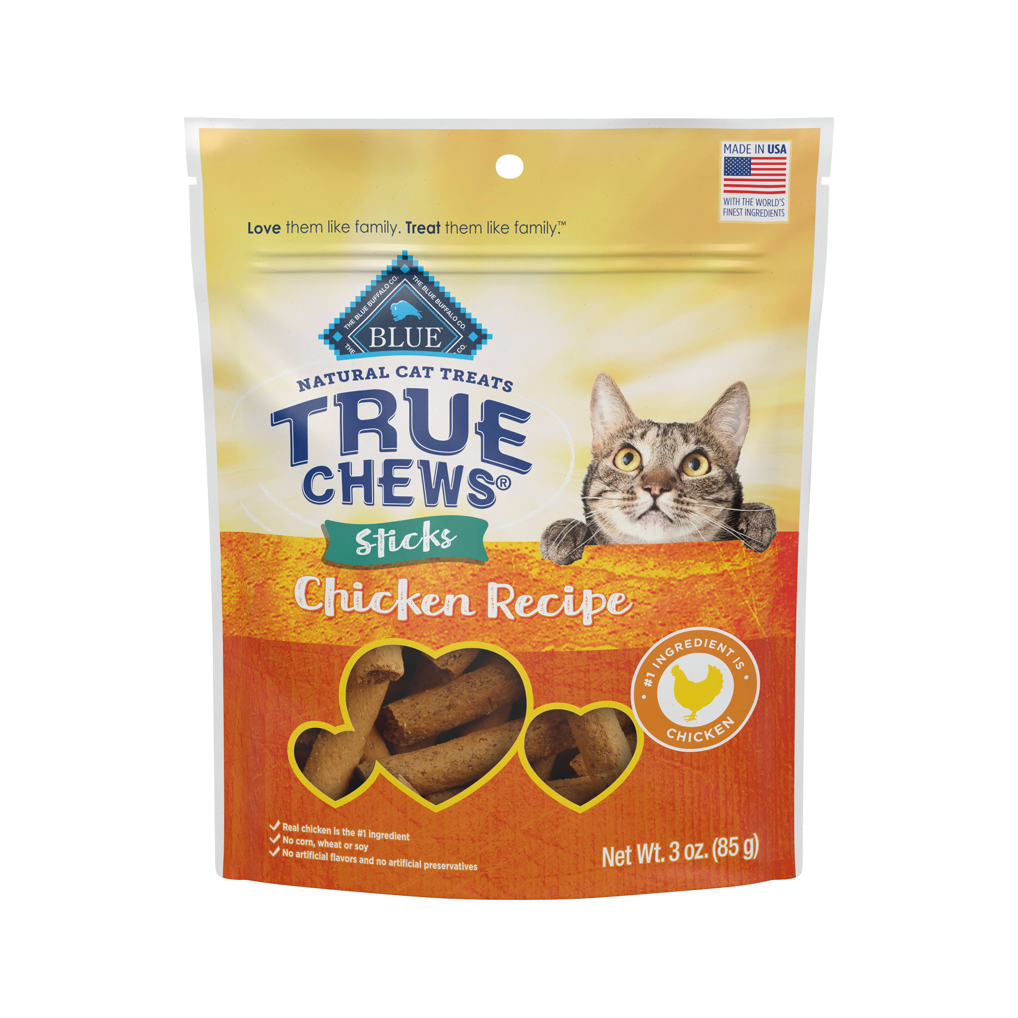 Blue Buffalo True Chews Natural Chicken Sticks Cat Treat， 3 oz.