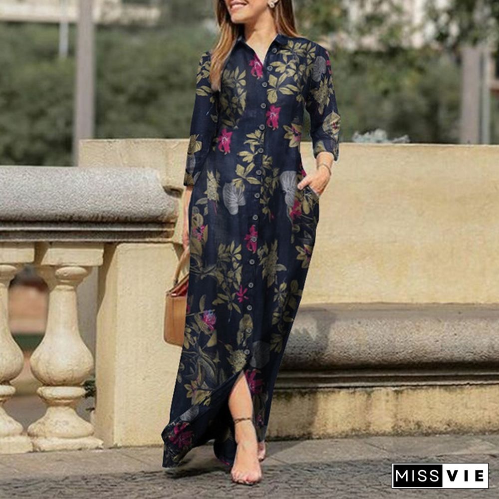 Women Holiday Casual Lapel Collar Long Sleeve Robes Longue Floral Print Cotton Dresses Button Up Shirts Long Maxi Vestido Plus Size