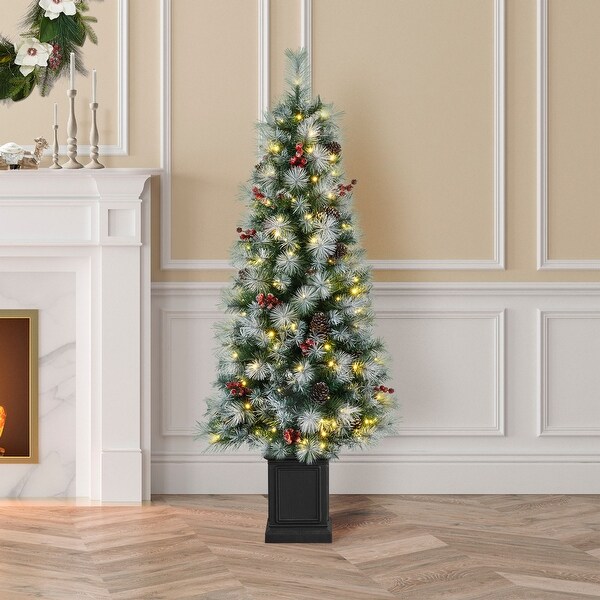 Glitzhome 4ft/5ft/6ft PreLit Pine Artificial Christmas Porch Tree with Decorative Urn Pot