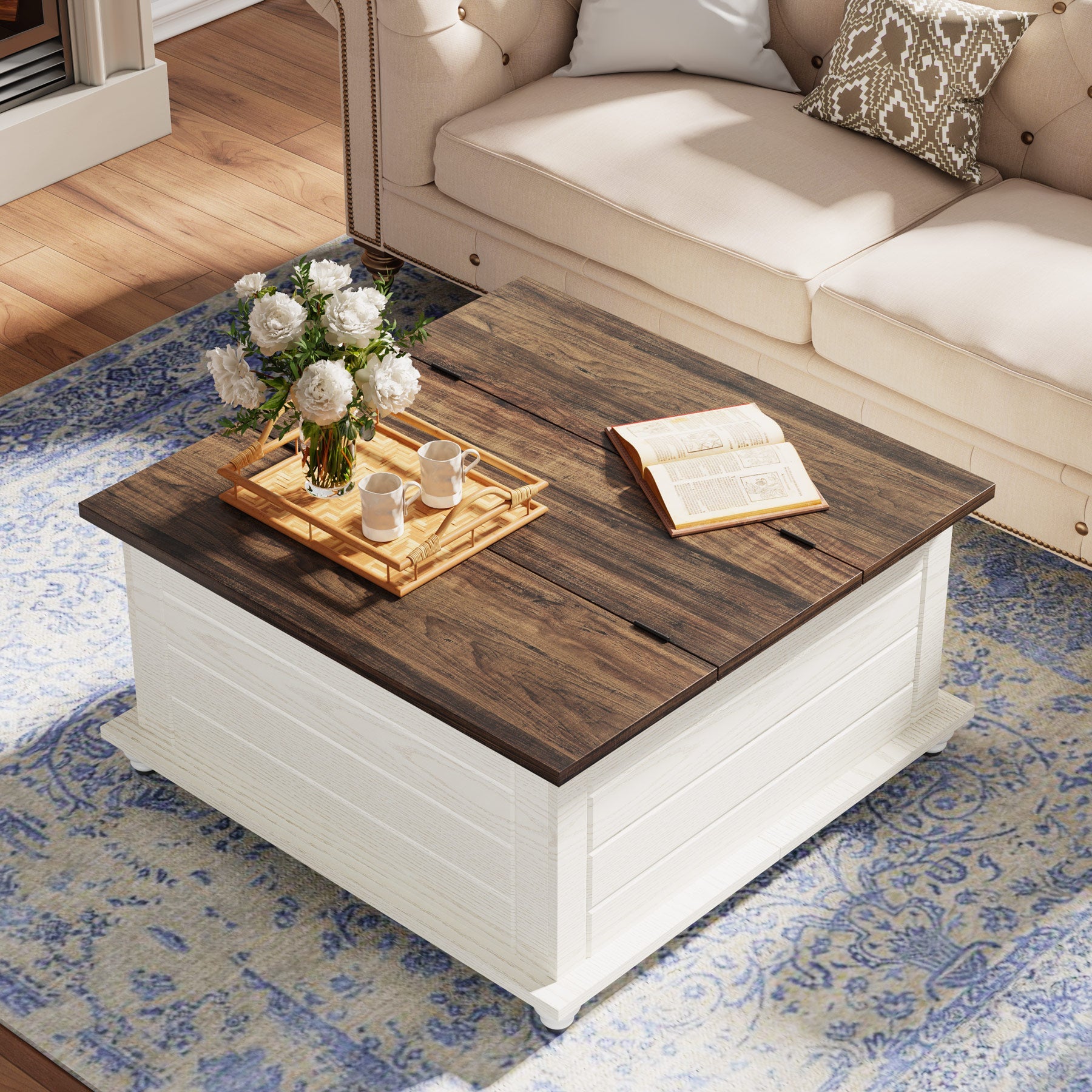 Farmhouse Coffee Table, Wood Center Table with Hidden Storage Compartment