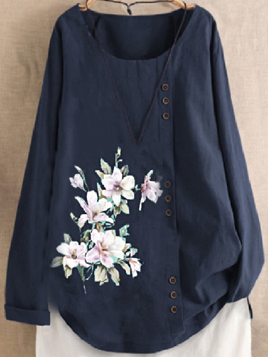 Casual Vintage Floral Print Crew Neck Long Sleeve Blouse