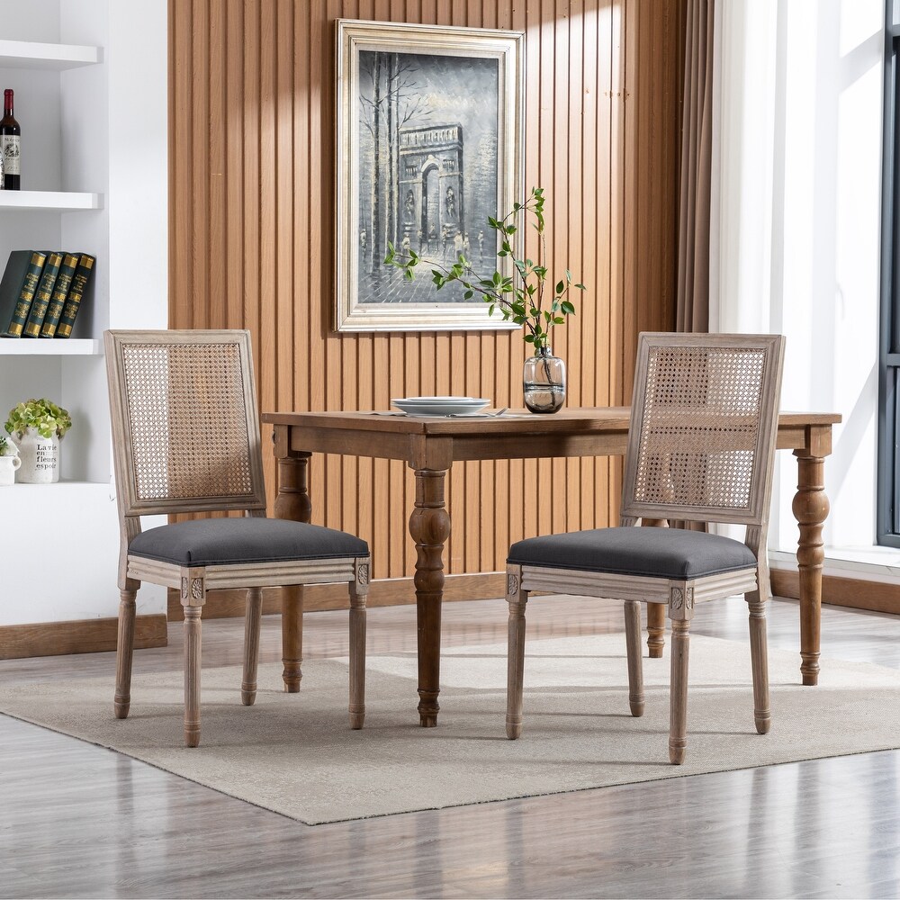 French Style Rattan Back Dining Chairs with Linen Fabric Upholstered Accent Side Chairs and Solid Wood Legs Seat of 2