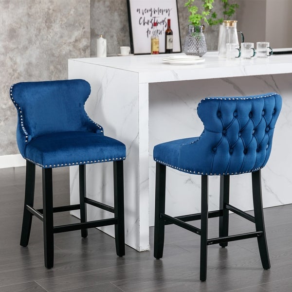 Set of 2 Upholstered Wing-Back Barstools with Wooden Legs