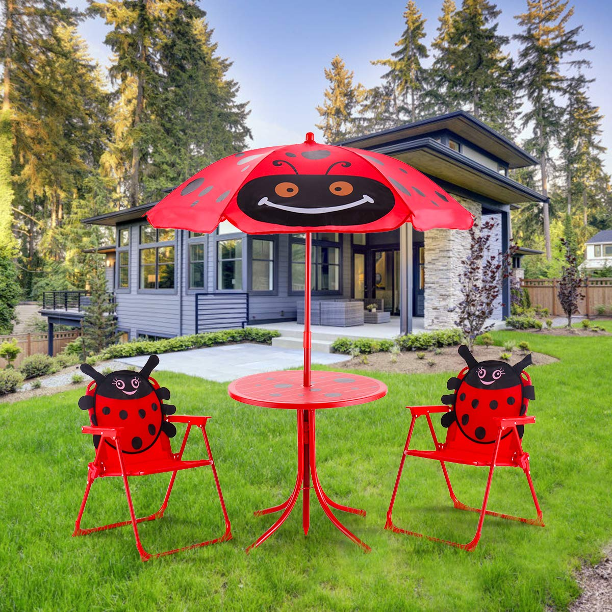 Costzon Kids Table and 2 Chair Set, Ladybug Folding Picnic Table Set with Removable Umbrella for Indoor Outdoor Garden Patio