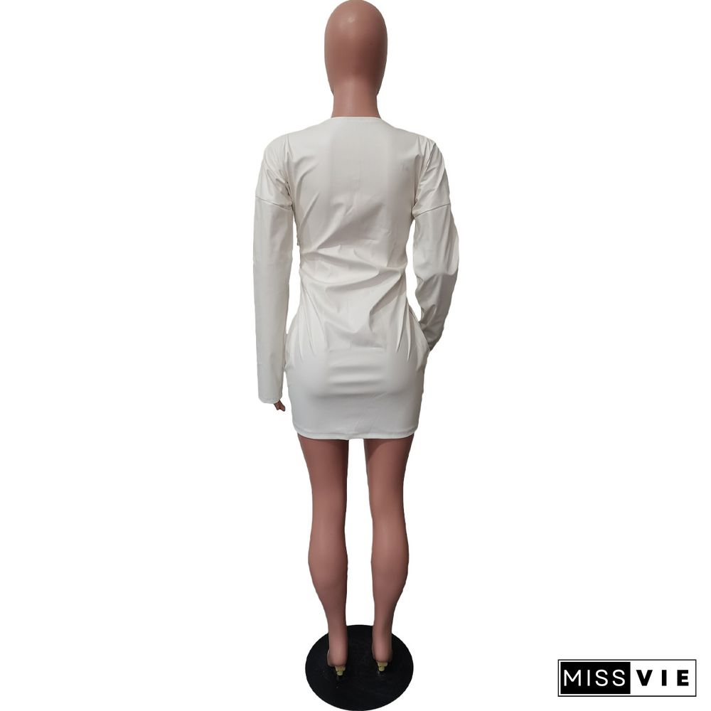 V Neck Long Sleeve High Waist White Leather Dress