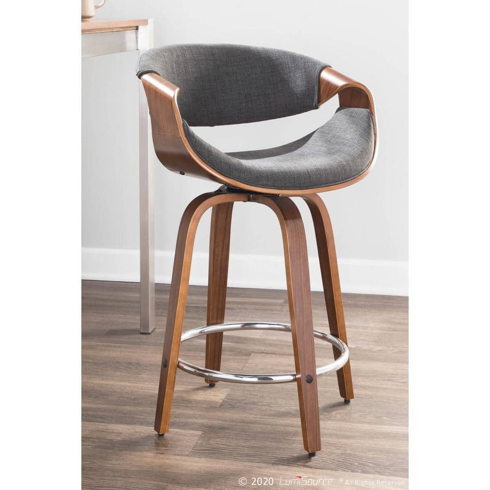 Lumisource Curvini 34.5 in. Counter Height Bar Stool in Charcoal Fabric and Walnut Wood (Set of 2) B24-CRVNI2-SWVR WLCHAR2