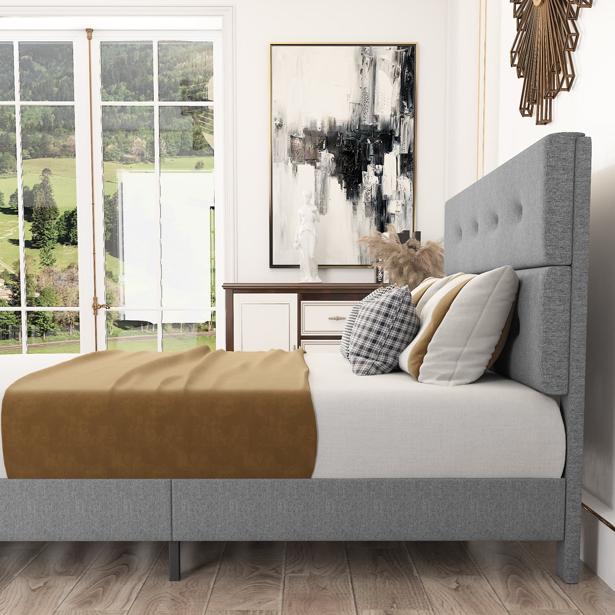 Amolife Queen Linen Platform Bed Frame with Button Tufted Headboard and Storage Ottoman Bench, Light Grey