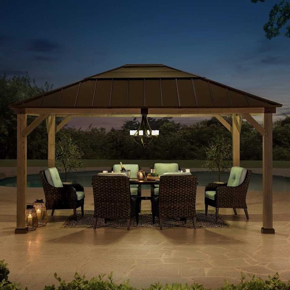 Sunjoy 13 ft. x 15 ft. Cedar Framed Gazebo with Black Steel and PC Hardtop