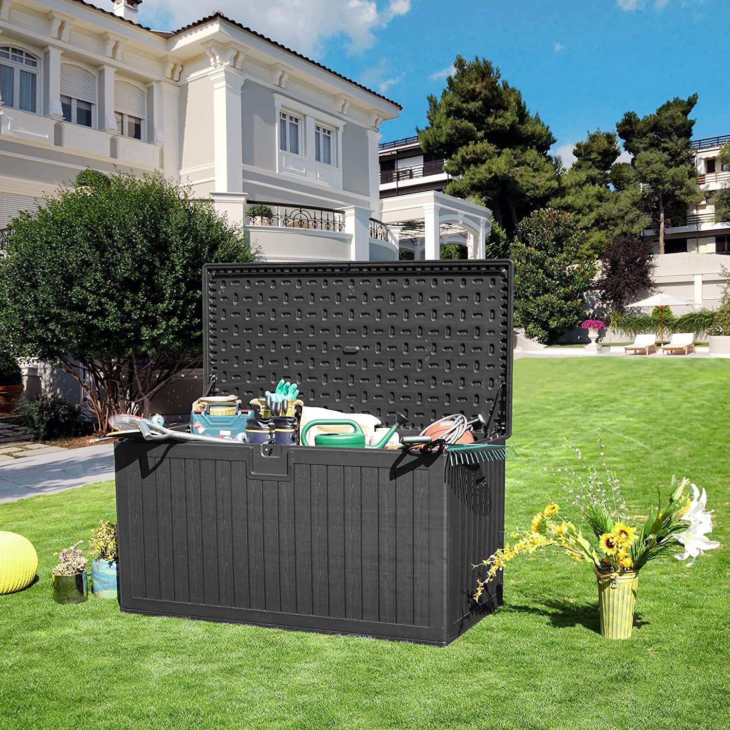 YITAHOME XL 150 Gallon Large Deck Box, Outdoor Storage for Patio Furniture Cushions, Garden Tools and Pool Toys with Flexible Divider, Waterproof, Lockable (Black)