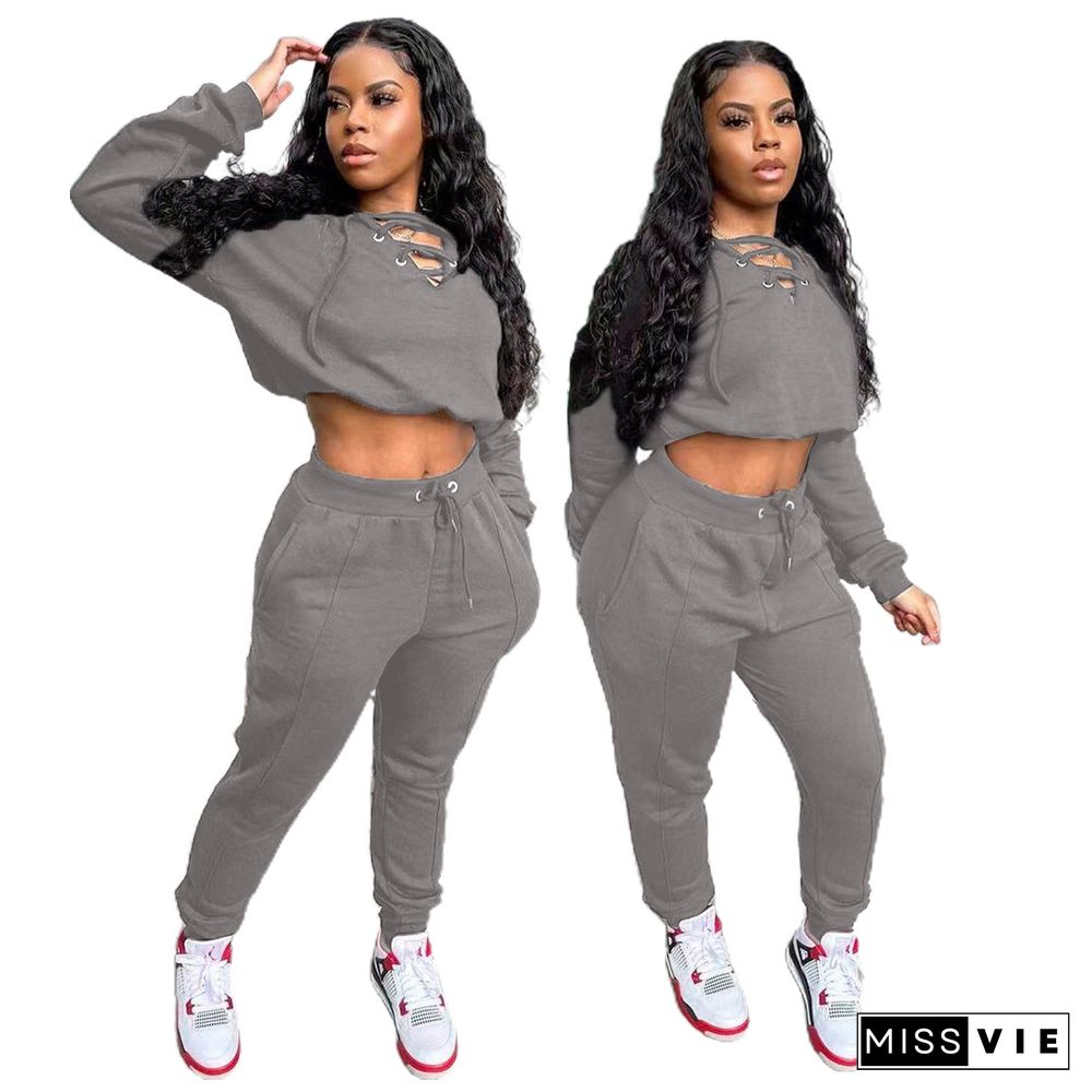 Long Sleeve Bandage Crop Top Sweatpants Set