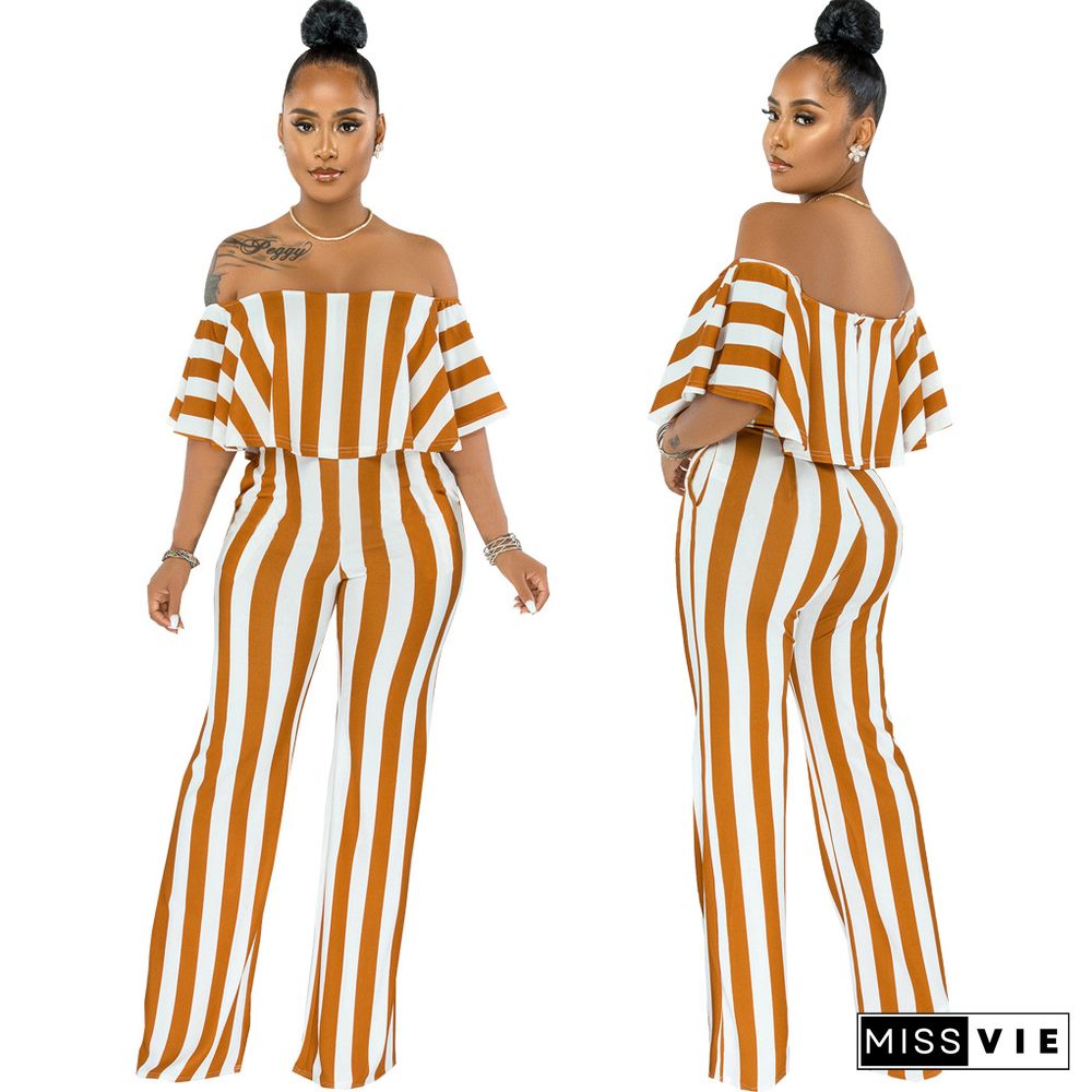 Striped Off Shoulder Wide Leg Jumpsuits