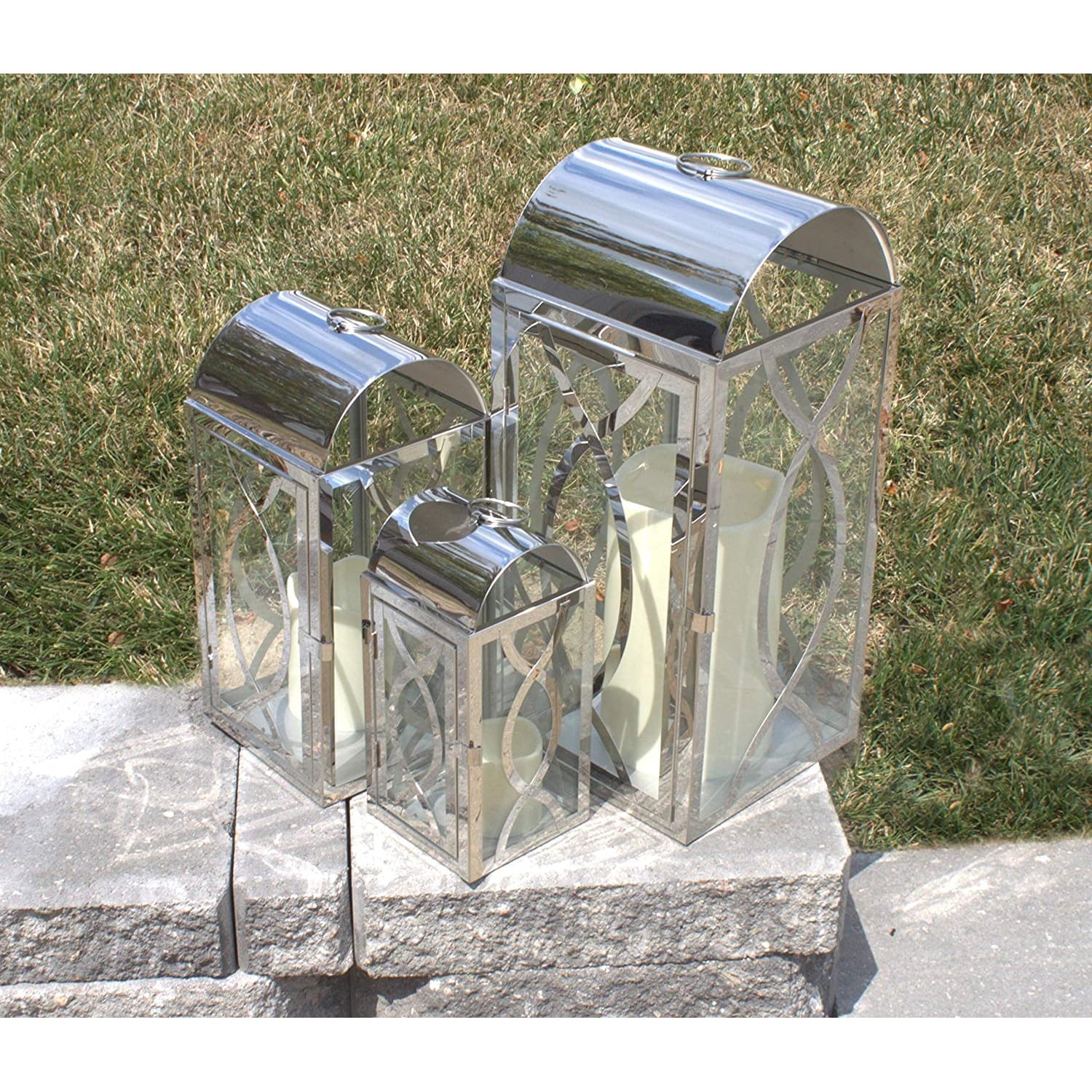 Pebble Lane Living Indoor/Outdoor Decorative Candle Lanterns， Set of 3， Silver