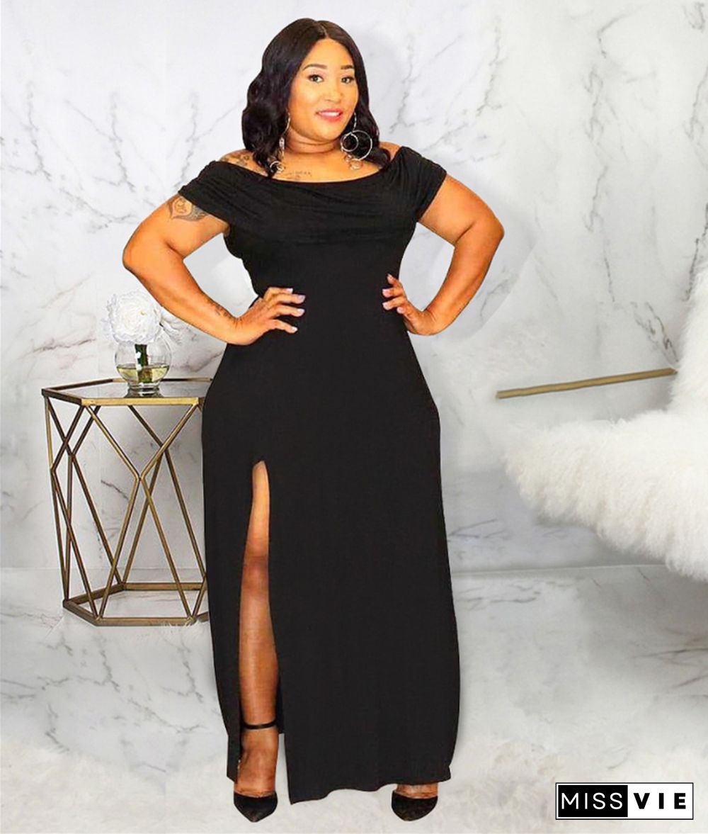 Slash Neck High Split Plus Size Black Dresses