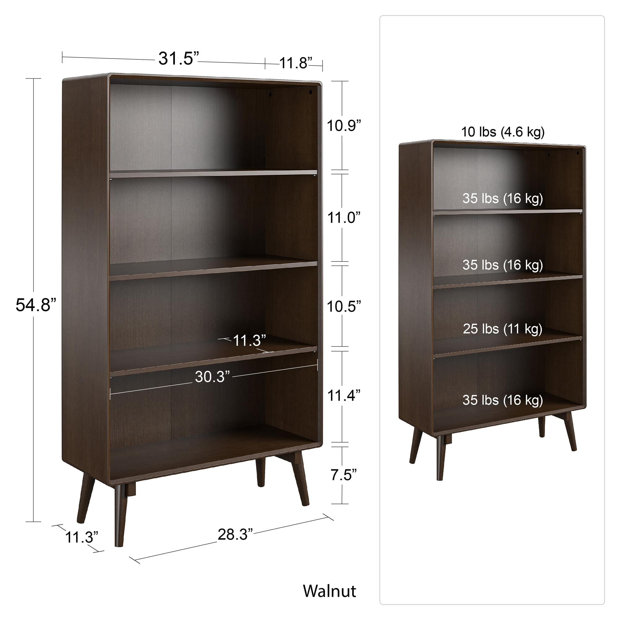 Novogratz Brittany 4 Shelf Bookcase, Walnut