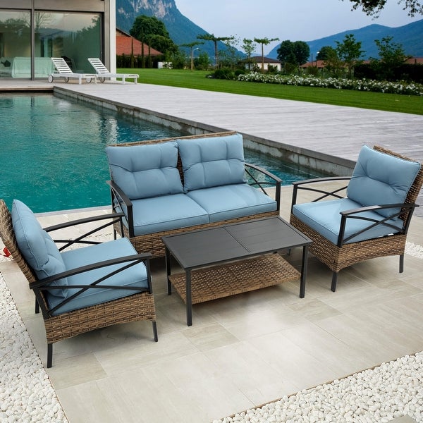 4 piece sectional rattan wicker corner sofa set with cushion - Overstock - 37505285