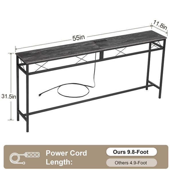 VECELO Industrial Rectangular Wood Console Table with AC Power and USB Charging Ports